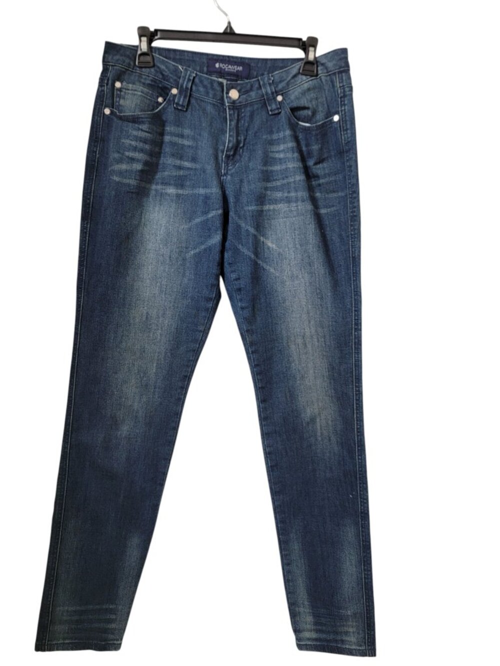 ROCAWEAR Size 9 Slightly Tapered Straight Leg Juniors Jeans, Pink Logo Pockets